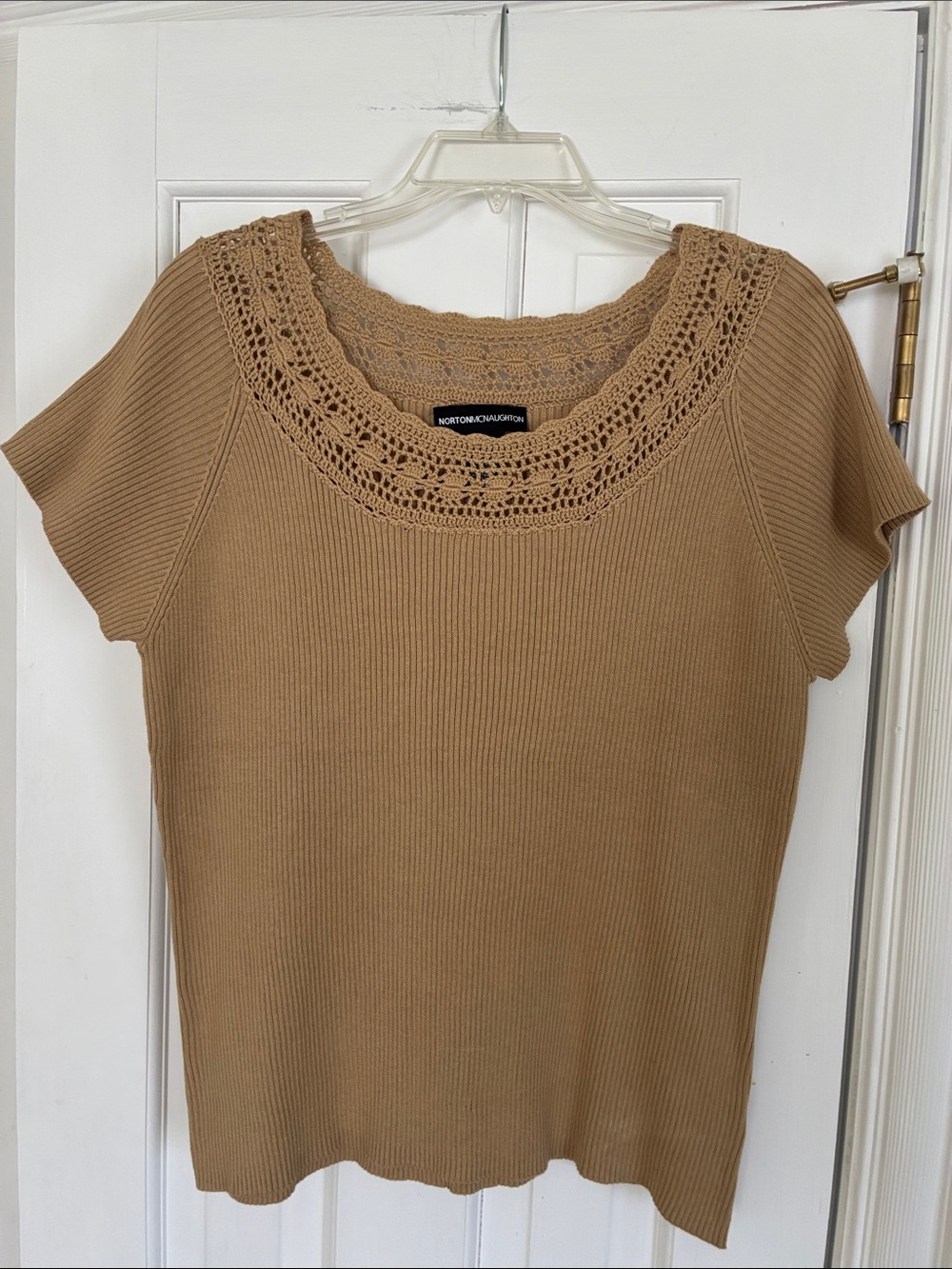 Norton McNaughton Camel Ribbed Short-Sleeve Top with Crochet Neck